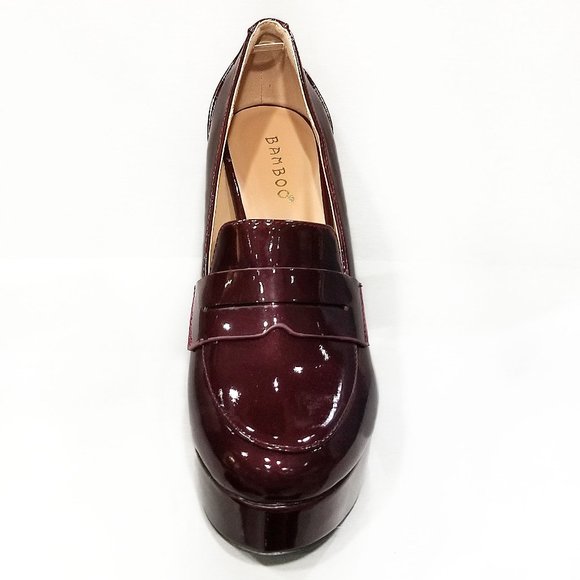 New Burgundy Patent Platform Chunky High Heel Penny Loafers Pumps - Picture 3 of 3
